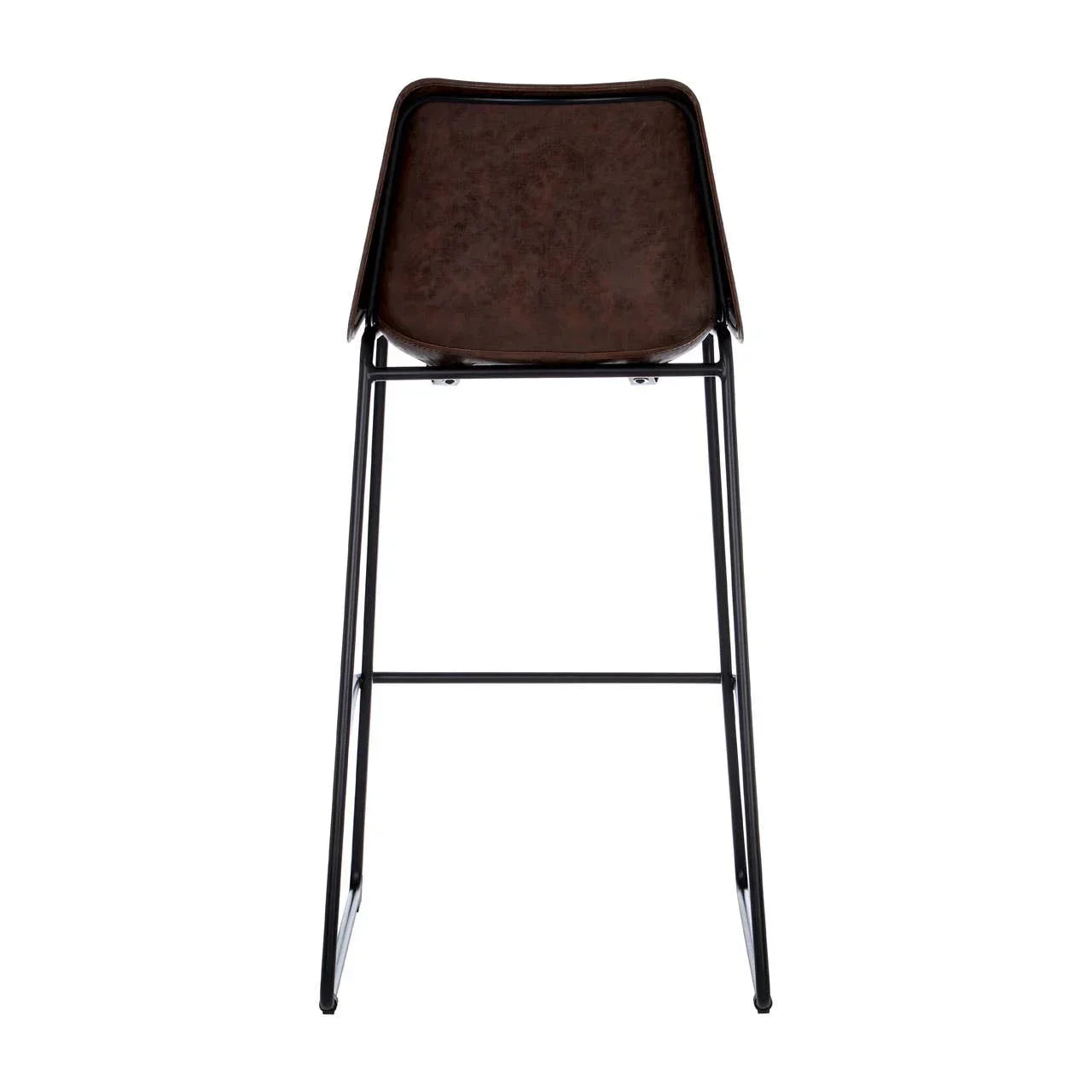 Brown faux leather bar stool with black metal legs rear view