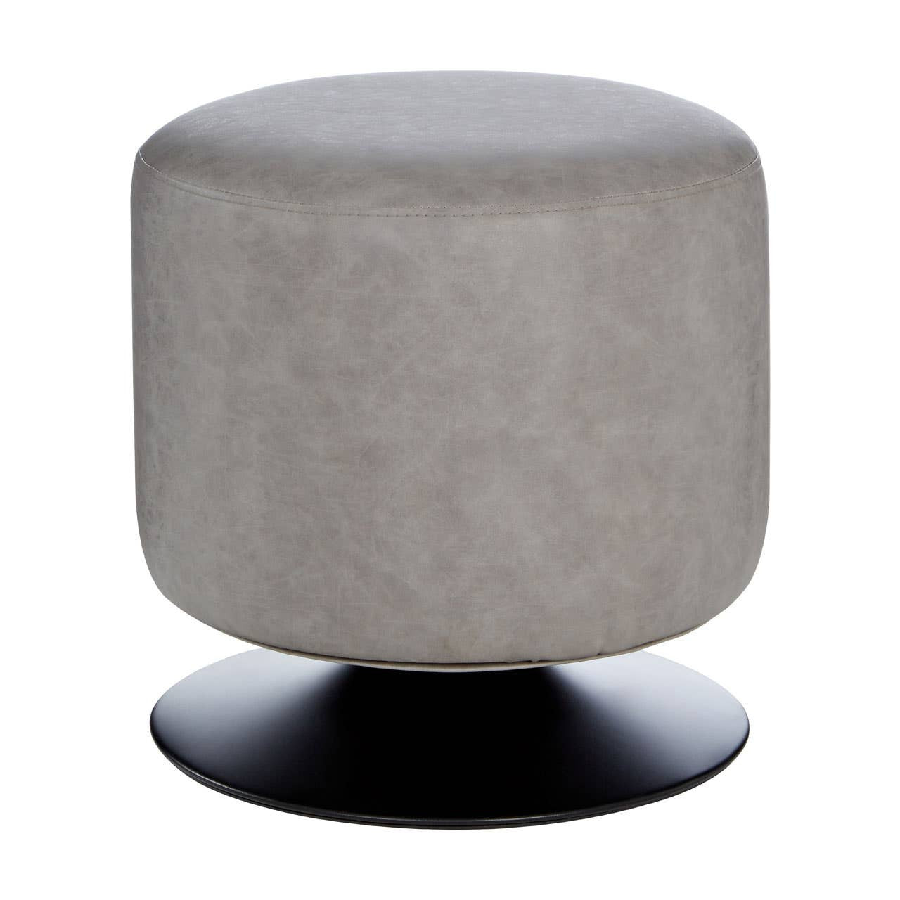 Round pouffe in ash grey faux leather with a smooth surface, resting on a circular black base. The design is modern and minimalist, suitable for various home decor styles