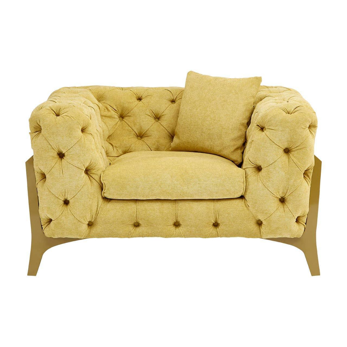 Yellow tufted armchair with fabric upholstery and metal legs, front view