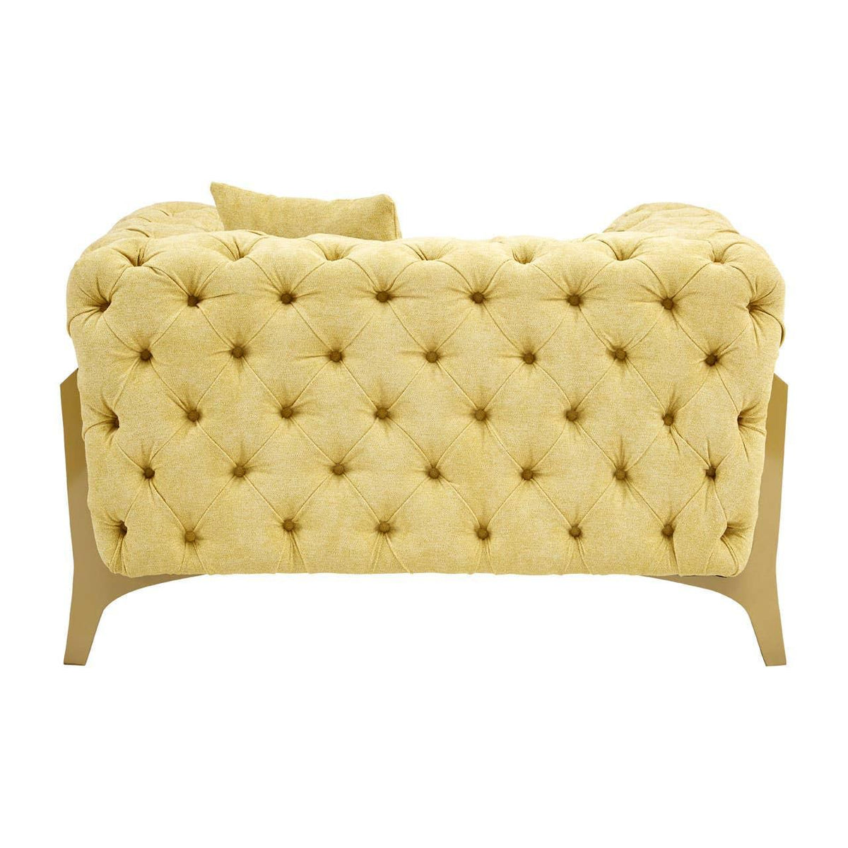 Yellow fabric sofa with deep button tufting and wooden legs, rear angle view