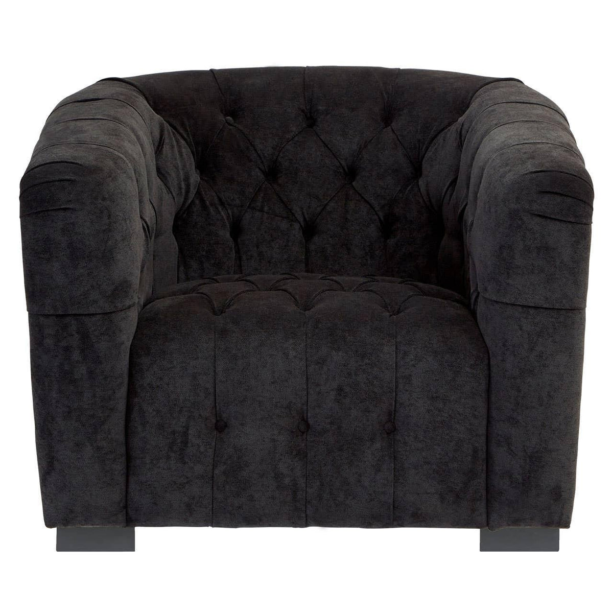 Black velvet armchair with deep button tufting and wide arms, front view