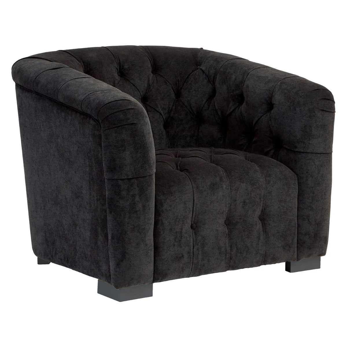 Black velvet armchair with tufted upholstery and curved backrest on block feet