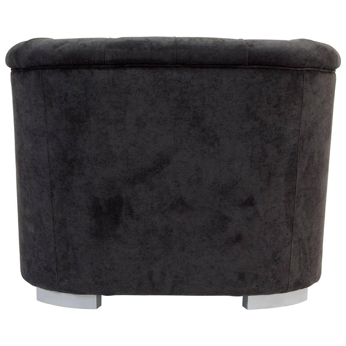 Back view of dark fabric armchair with chrome legs