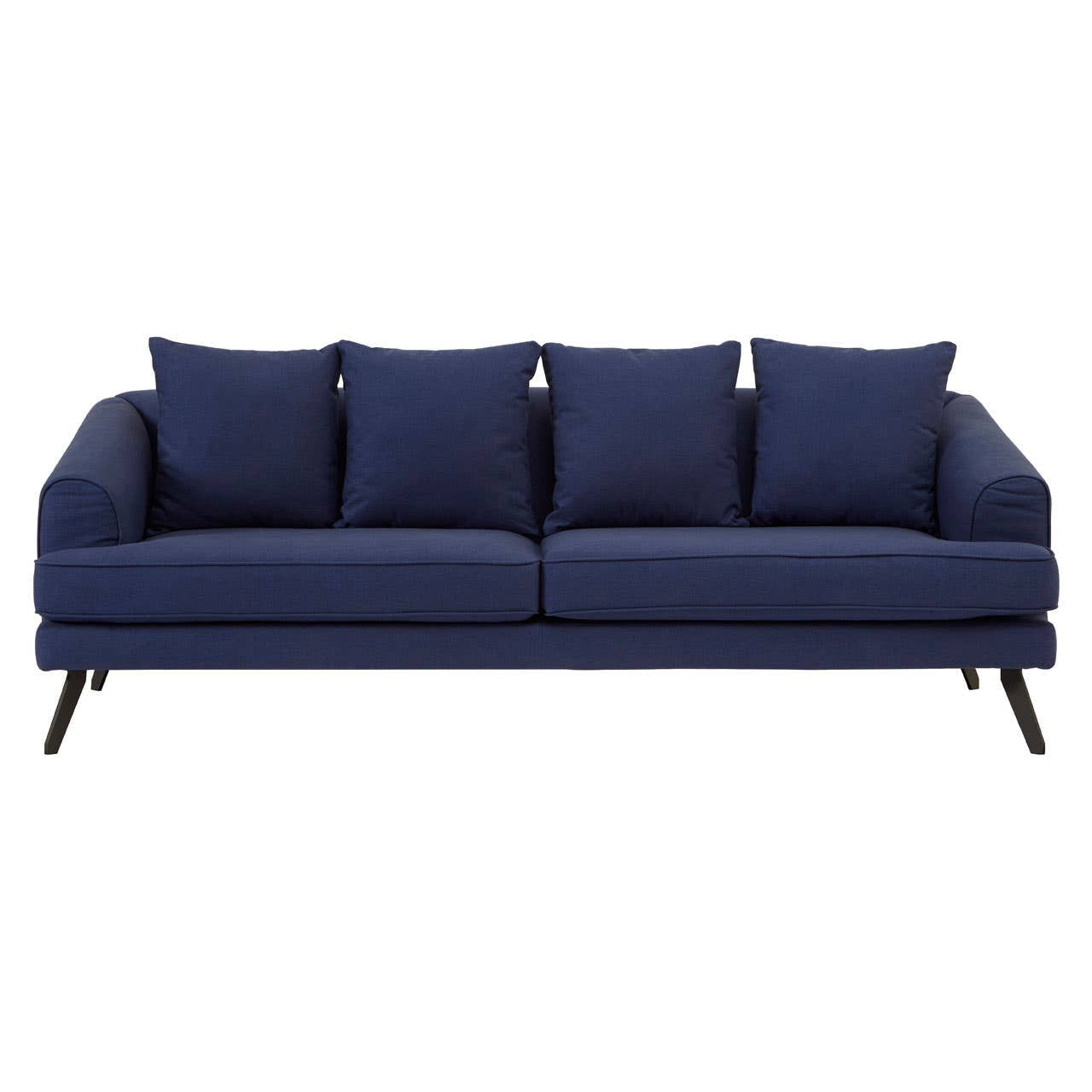 Navy fabric three-seater sofa featuring a sleek design with four plush cushions and tapered wooden legs, ideal for modern living spaces