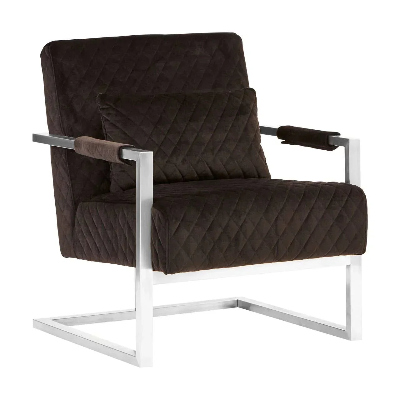 Modern accent chair with quilted dark fabric and chrome metal frame, front angle view