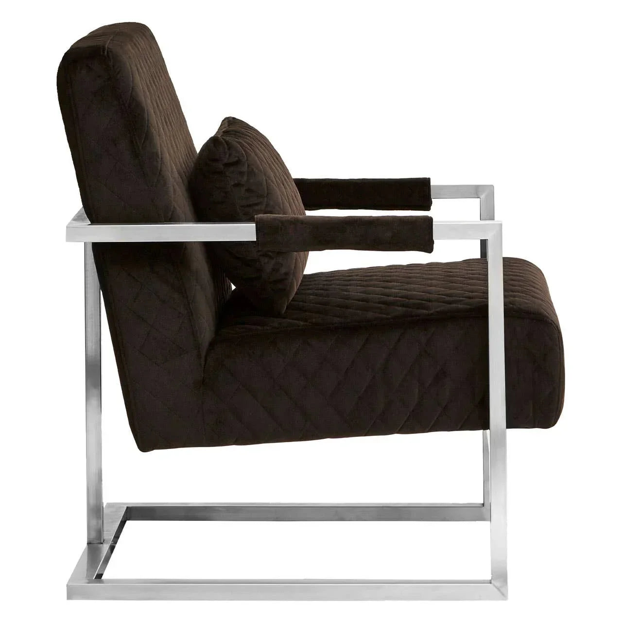 Modern accent chair with chrome frame and quilted black upholstery side view