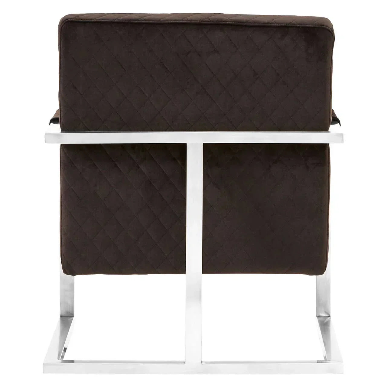 Rear view of dark quilted armchair with polished metal frame