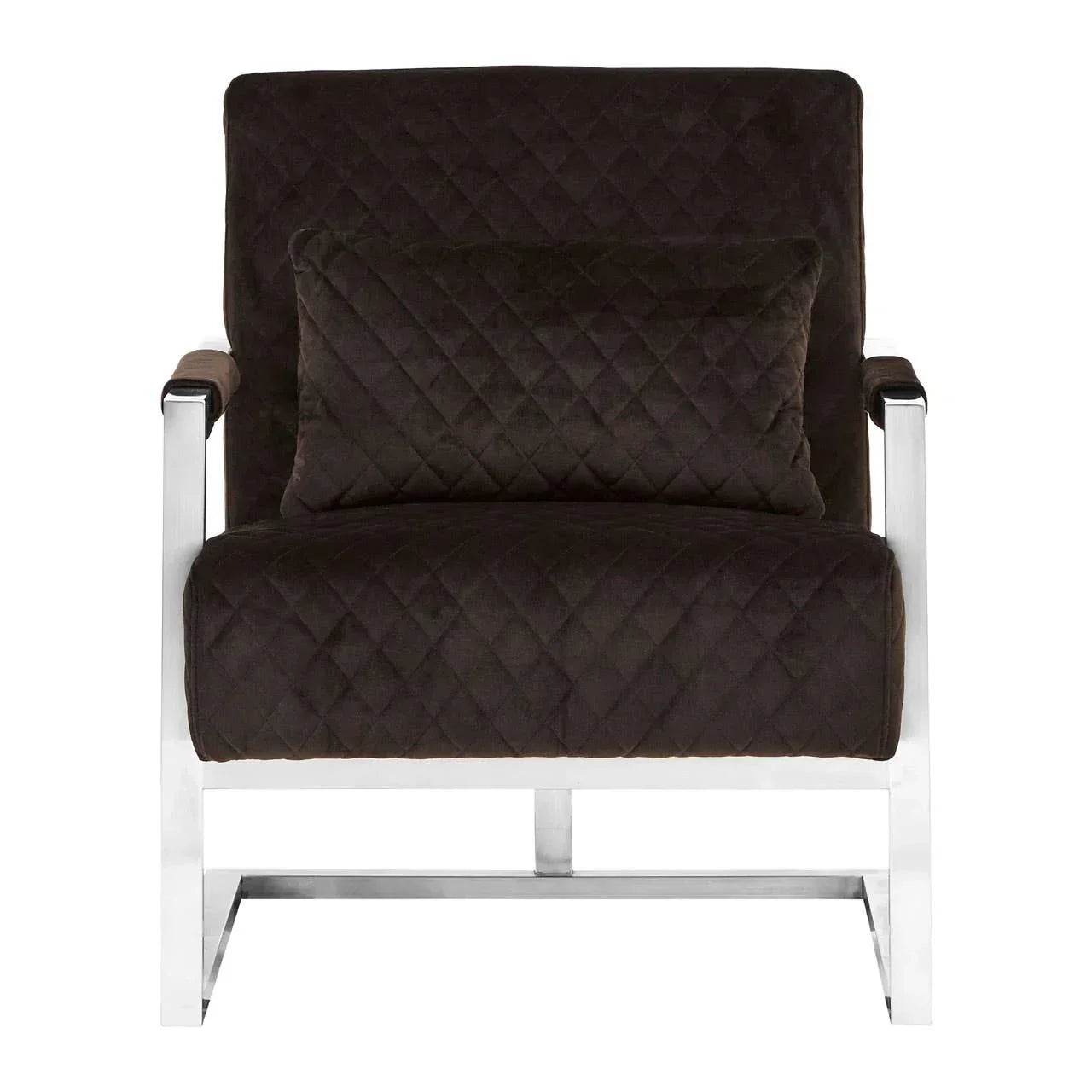 Quilted dark velvet accent chair with chrome arms and matching pillow, front view
