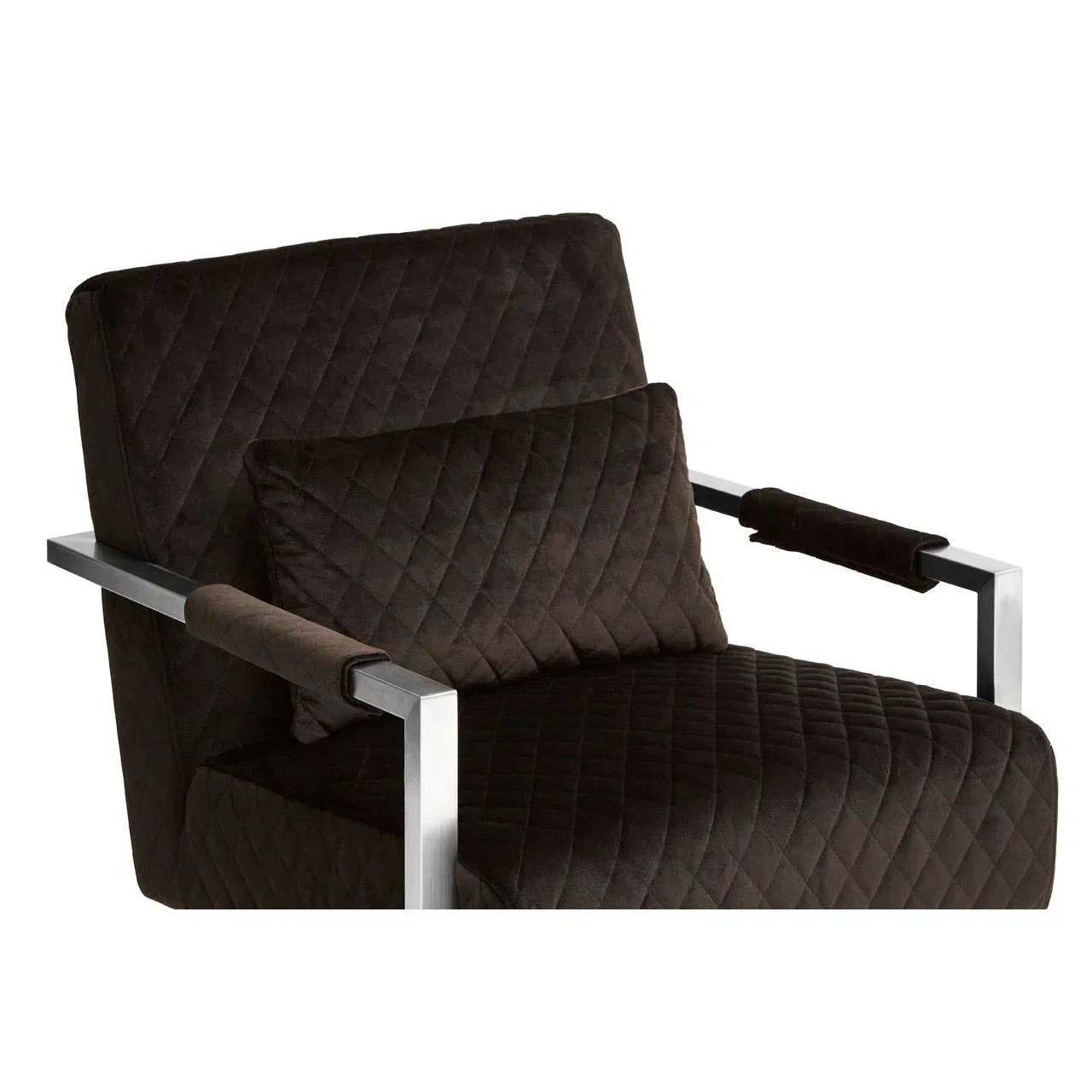 Modern black velvet armchair with quilted pattern and stainless steel frame