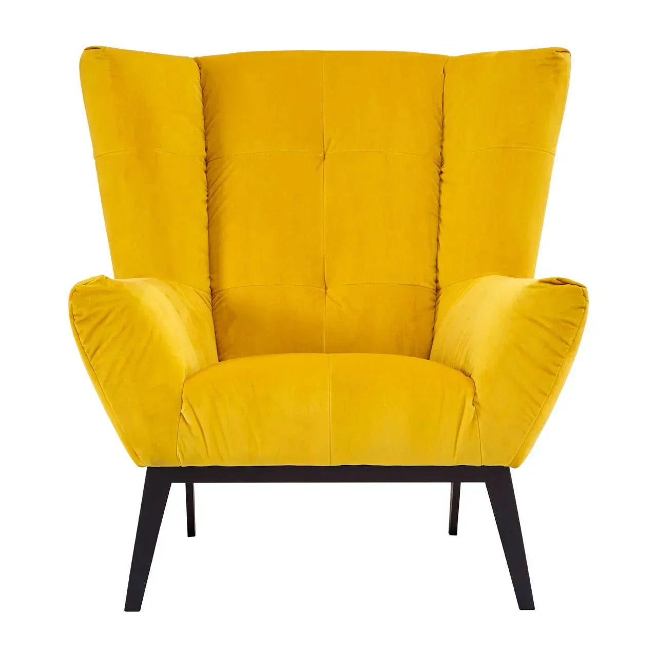 Yellow accent chair with high wingback and black legs, front view