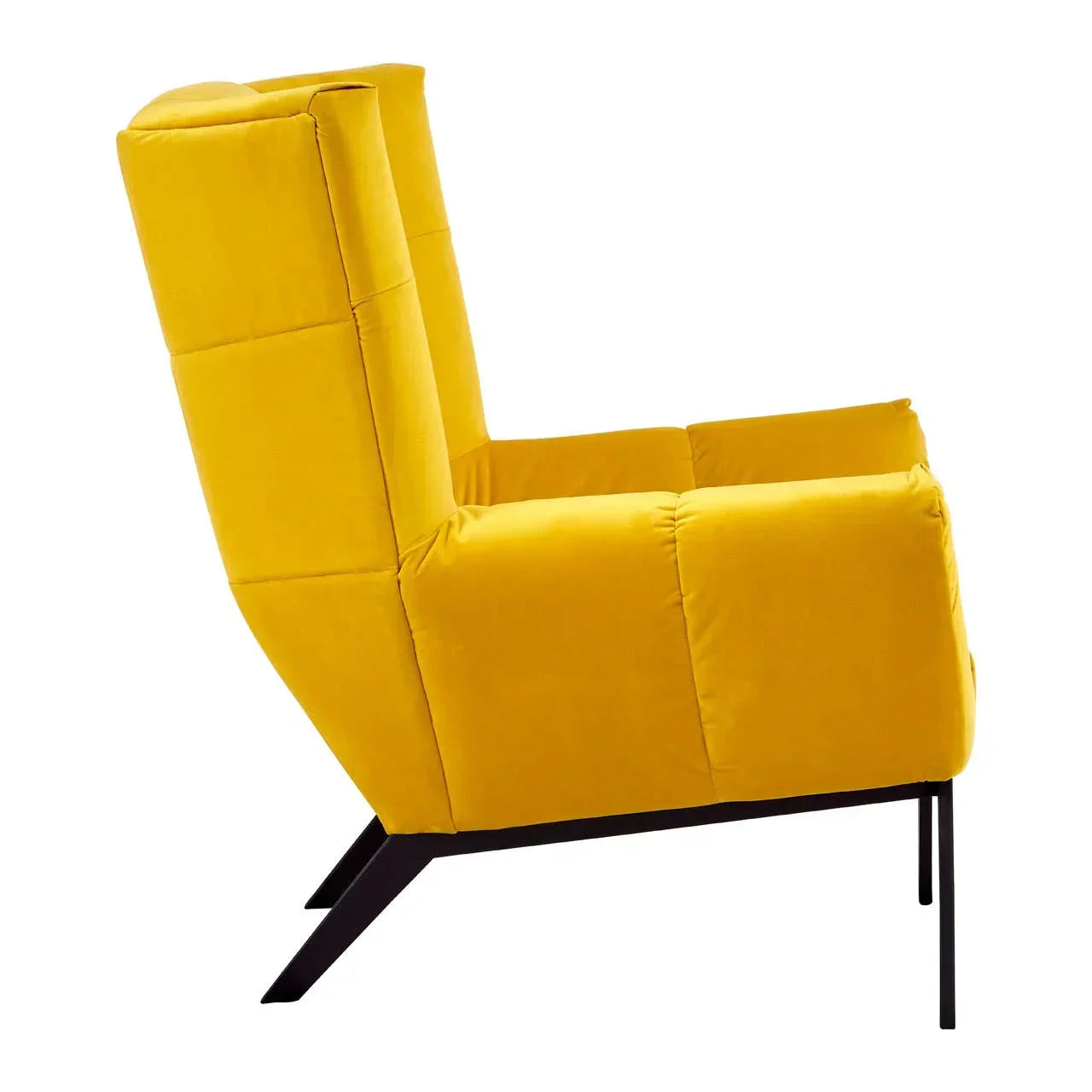 Side profile yellow velvet armchair with high back and black metal legs