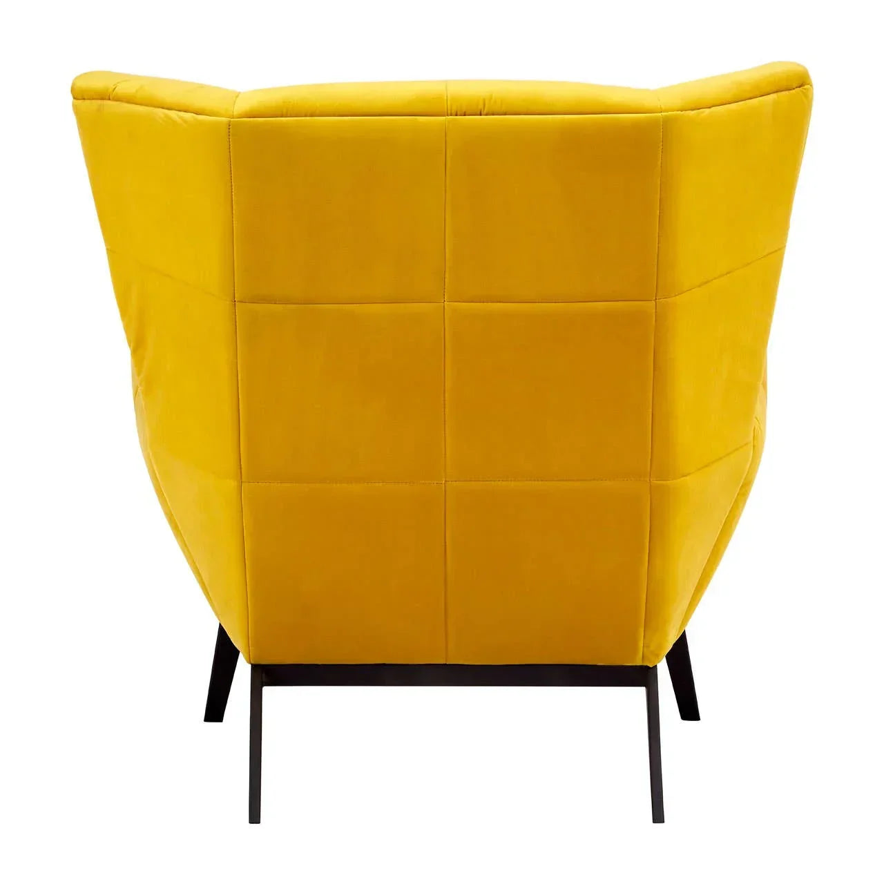 Yellow velvet accent armchair rear view with square panel detail and black metal legs