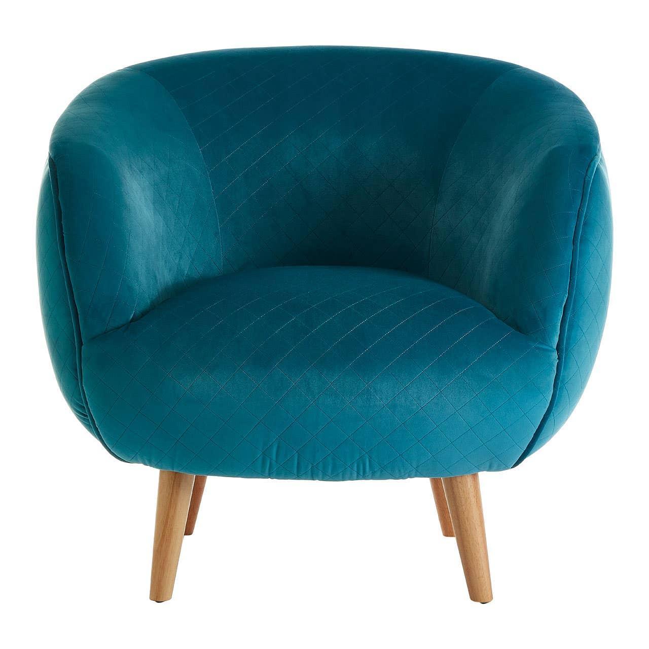 Teal accent armchair with quilted upholstery and wooden legs, front view