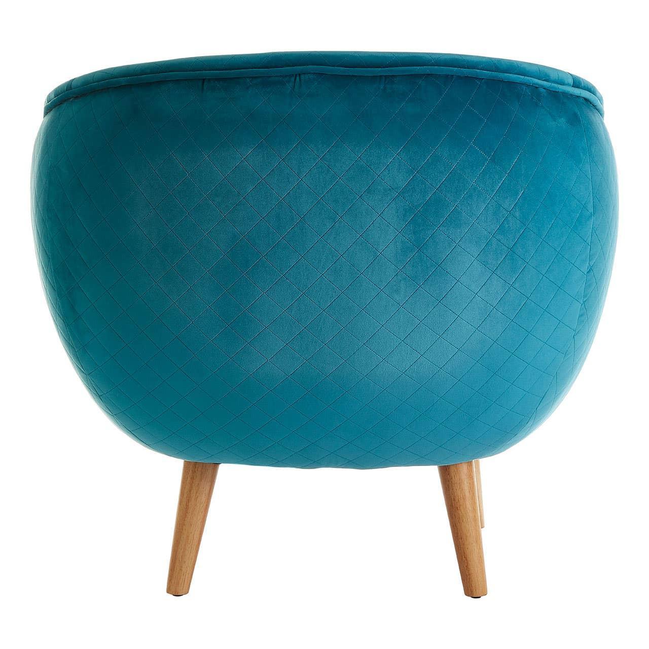 Back view of teal accent chair with diamond quilted upholstery and wooden legs