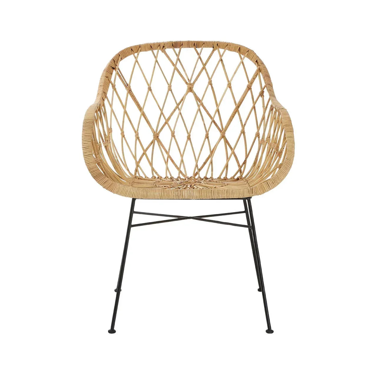 Natural rattan armchair with black metal legs, diamond weave pattern, front view