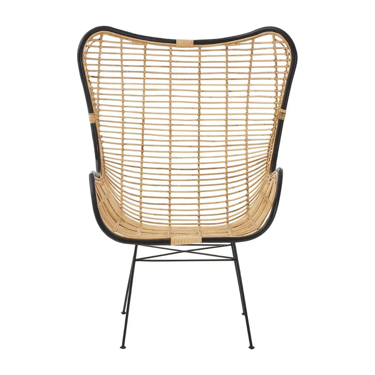Rattan armchair with black metal frame and woven backrest, rear view