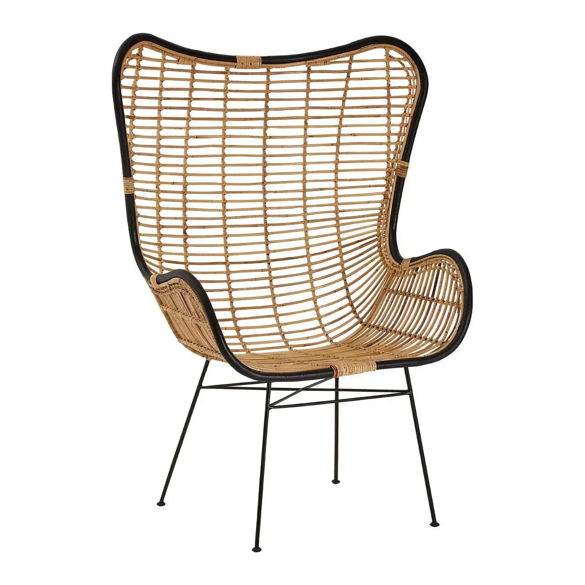 Natural rattan accent chair with high wingback and black metal legs