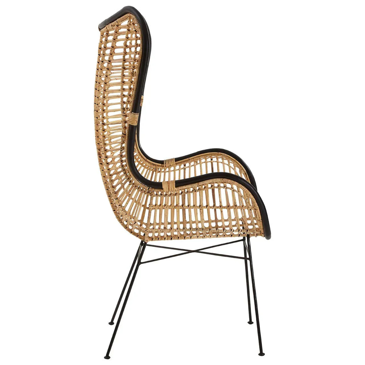 Side view rattan accent chair with high back and black metal legs