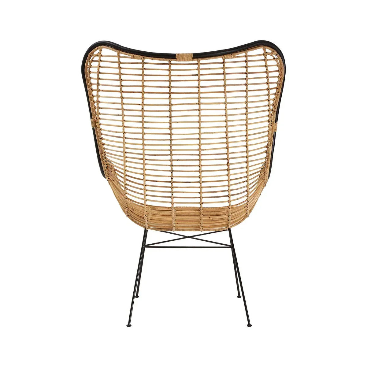 Rear view of rattan accent chair with black metal legs and woven backrest