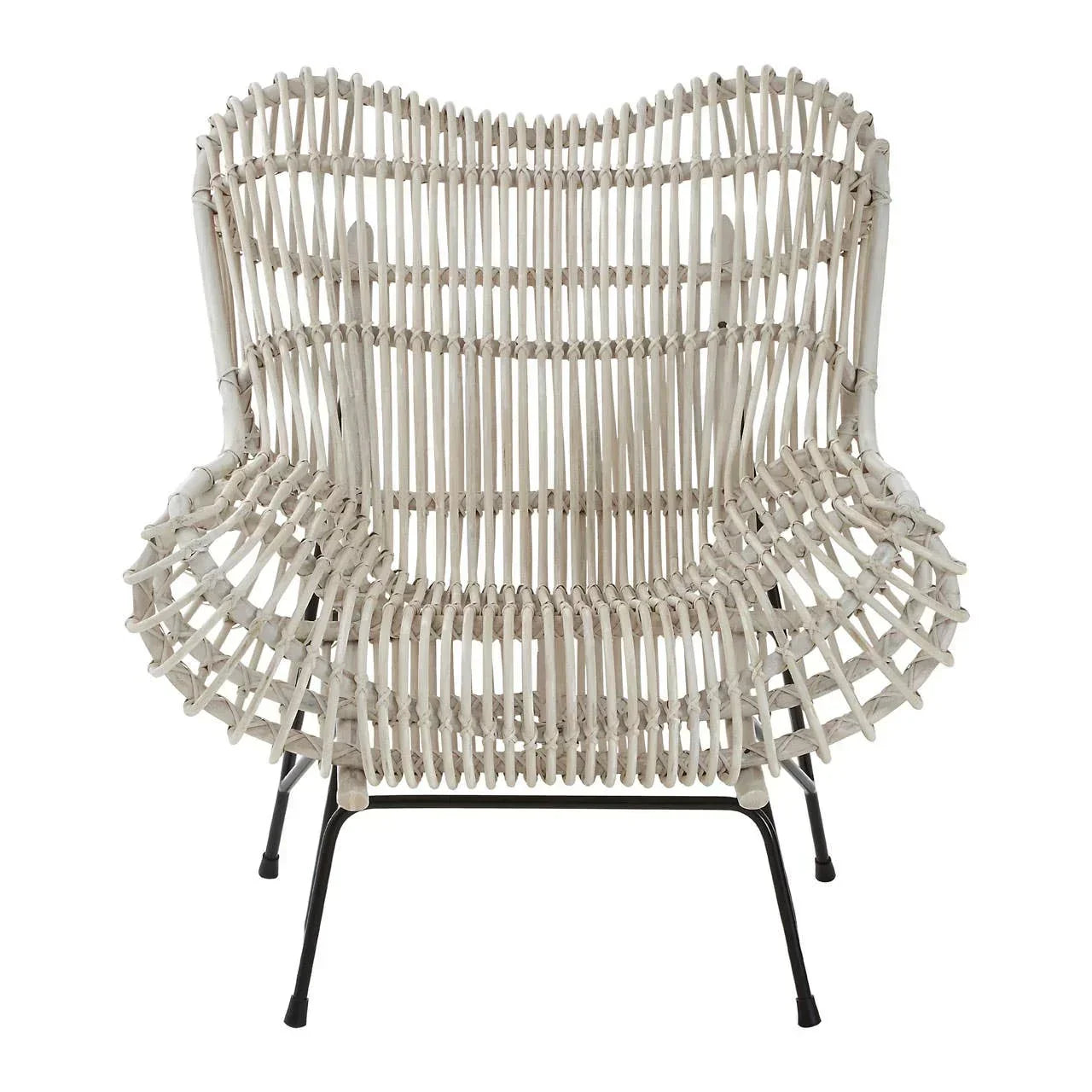 Natural rattan armchair with curved backrest and metal legs, front view