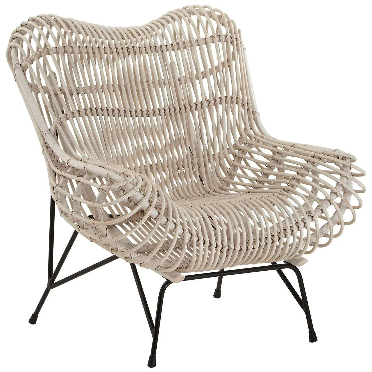 Natural rattan armchair with open weave design and black metal legs, front angle view