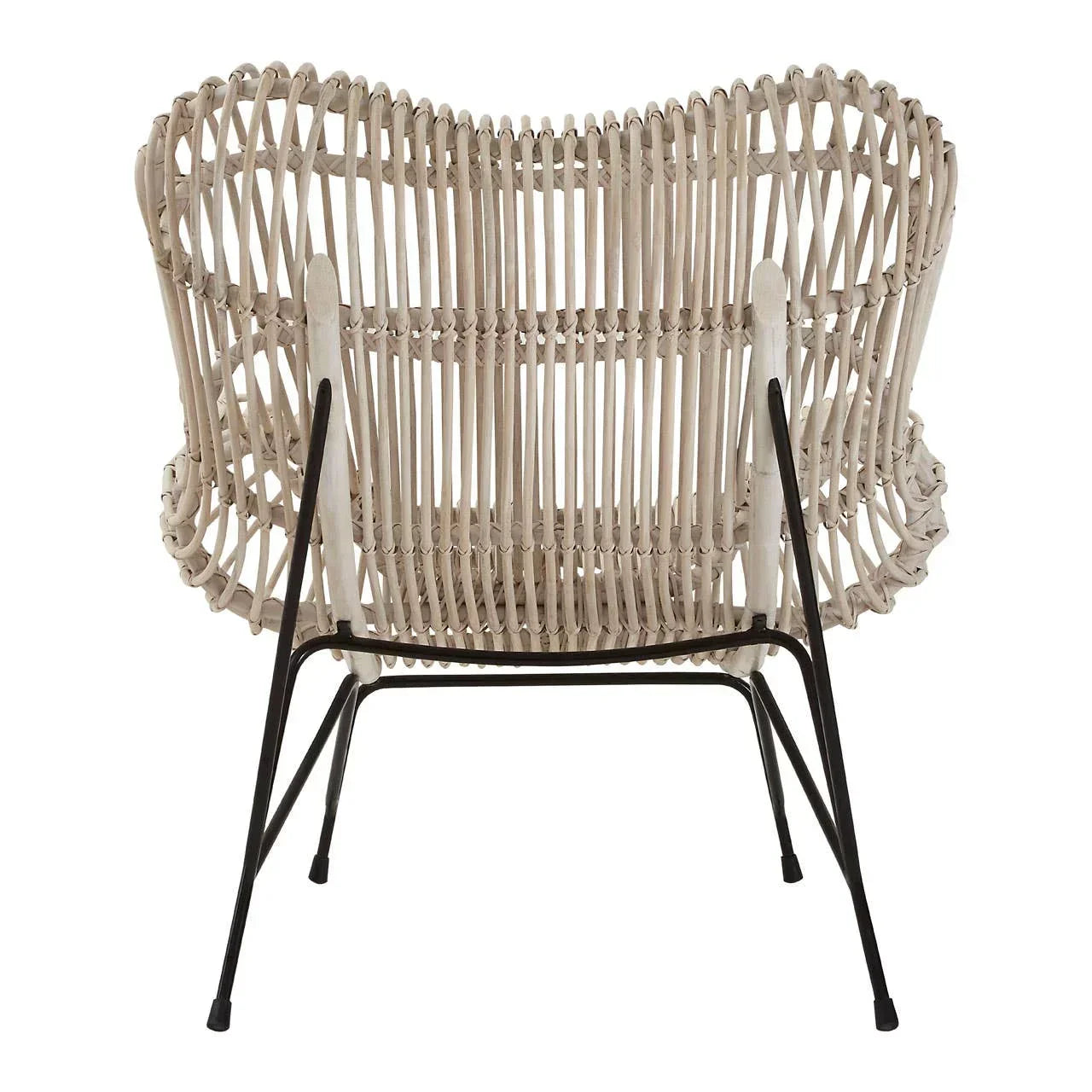 Back view of rattan accent chair with black metal legs and woven detailing