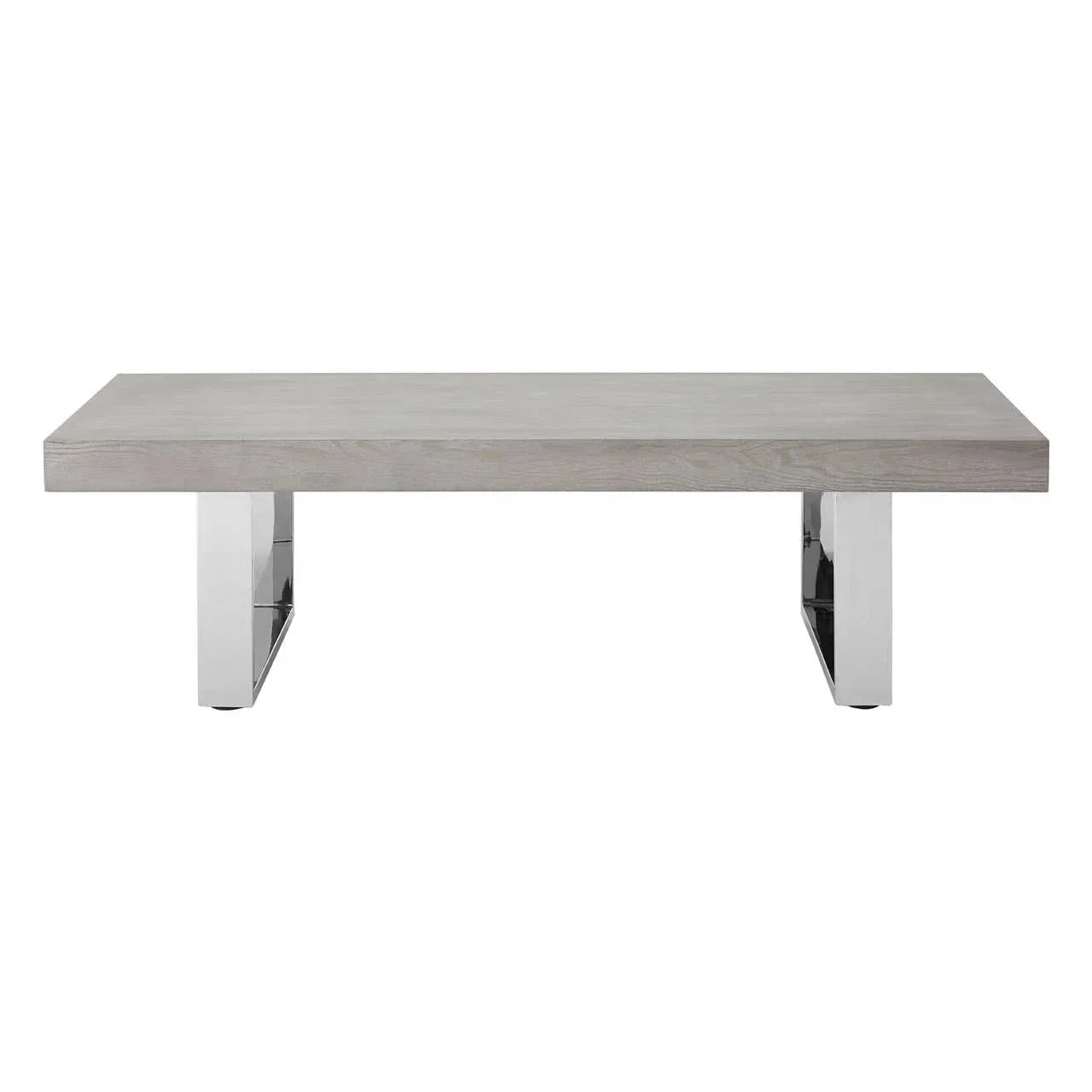 Rectangular coffee table with light wood top and chrome metal legs, front angle view