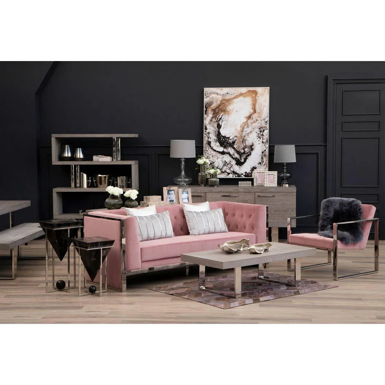 Blush pink velvet sofa set with metal frame, coffee table and sideboard in modern living room