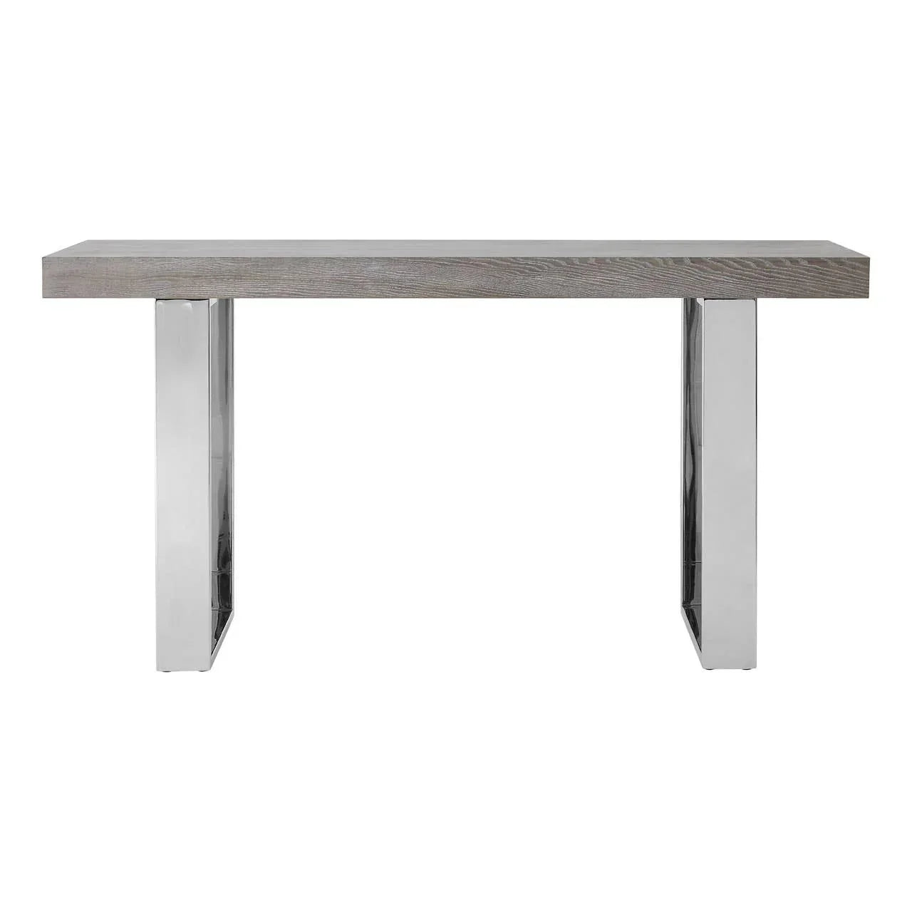 Modern console table with grey wood top and chrome metal legs, front view