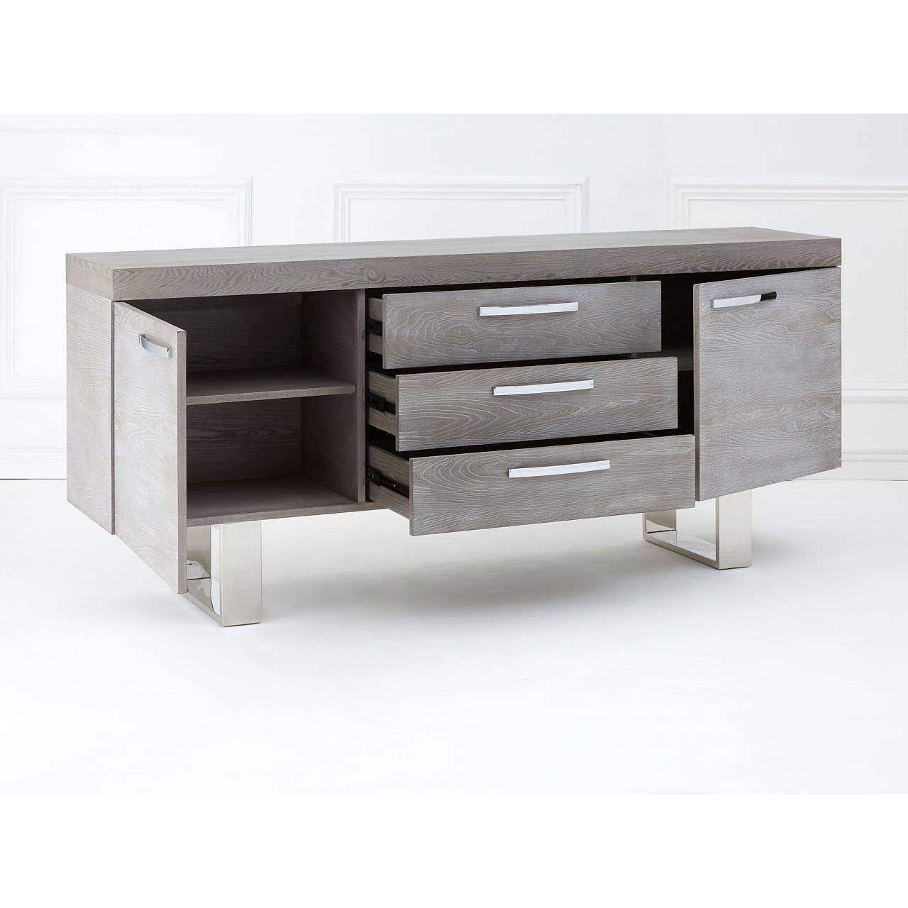 Grey Elm Wood Sideboard - Luxe Storage Solution with Stainless Steel Accents