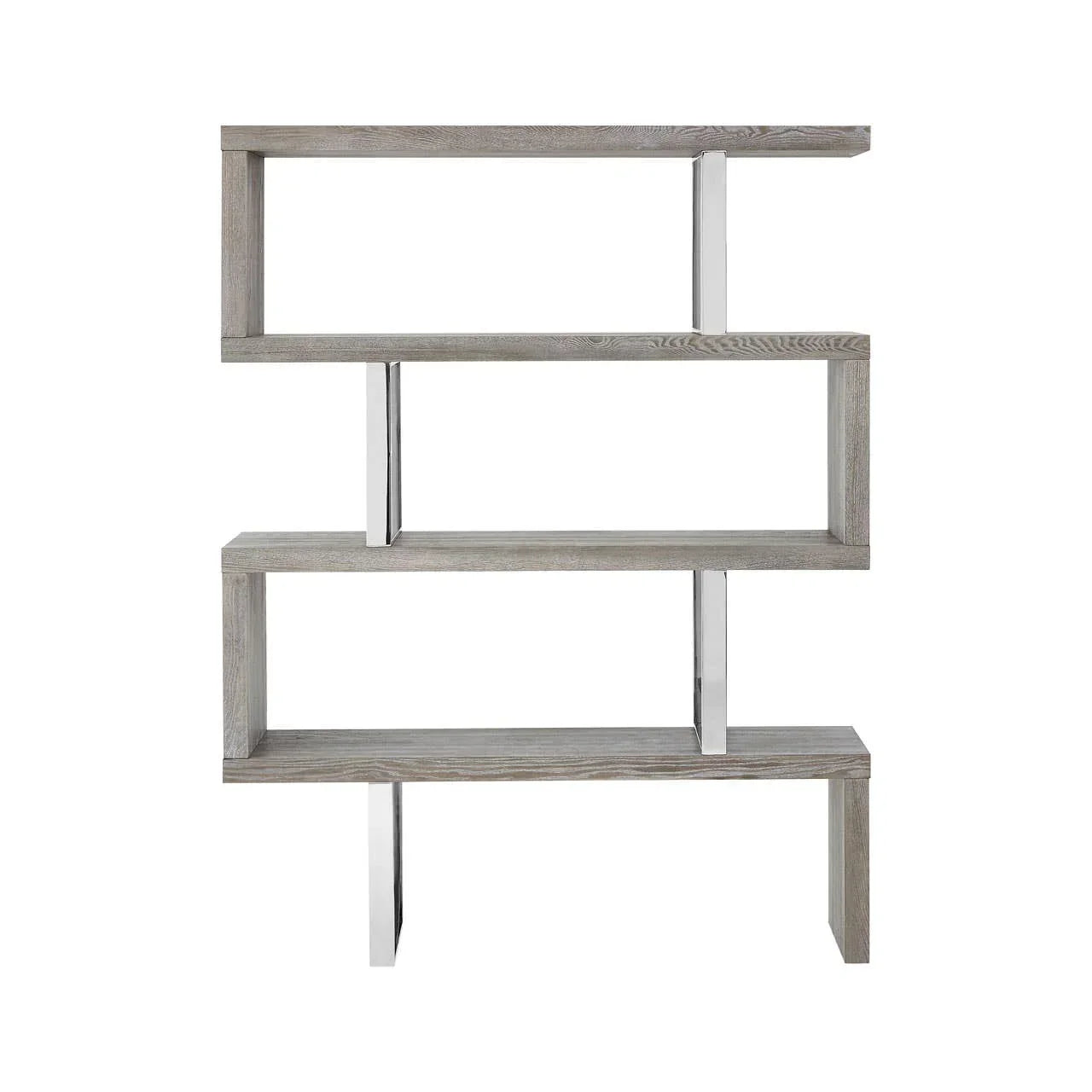 Modern wood and metal shelving unit with three open shelves and chrome supports
