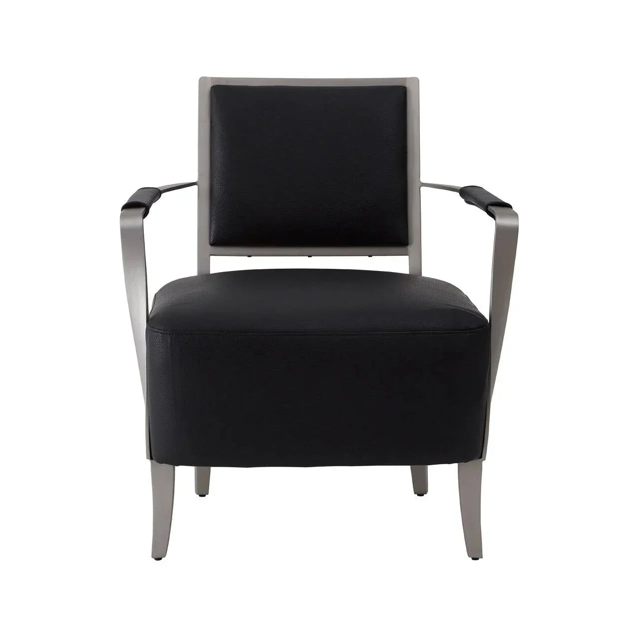 Black leather armchair with silver metal frame, front view
