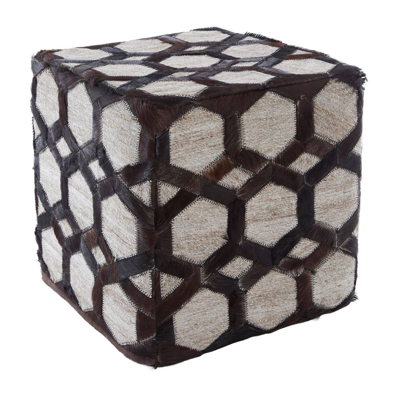 Square pouffe featuring a patchwork design with grey leather and cream-colored fabric, showcasing a geometric pattern. The pouffe has a sturdy structure and is suitable for use as a footrest or additional seating