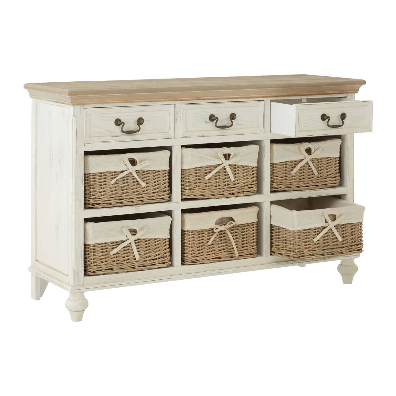 A white storage cabinet featuring a wooden top, six woven willow baskets in a natural color, and three small drawers with metal handles. The cabinet has a classic design with rounded legs, providing a stylish and functional storage solution for home decor