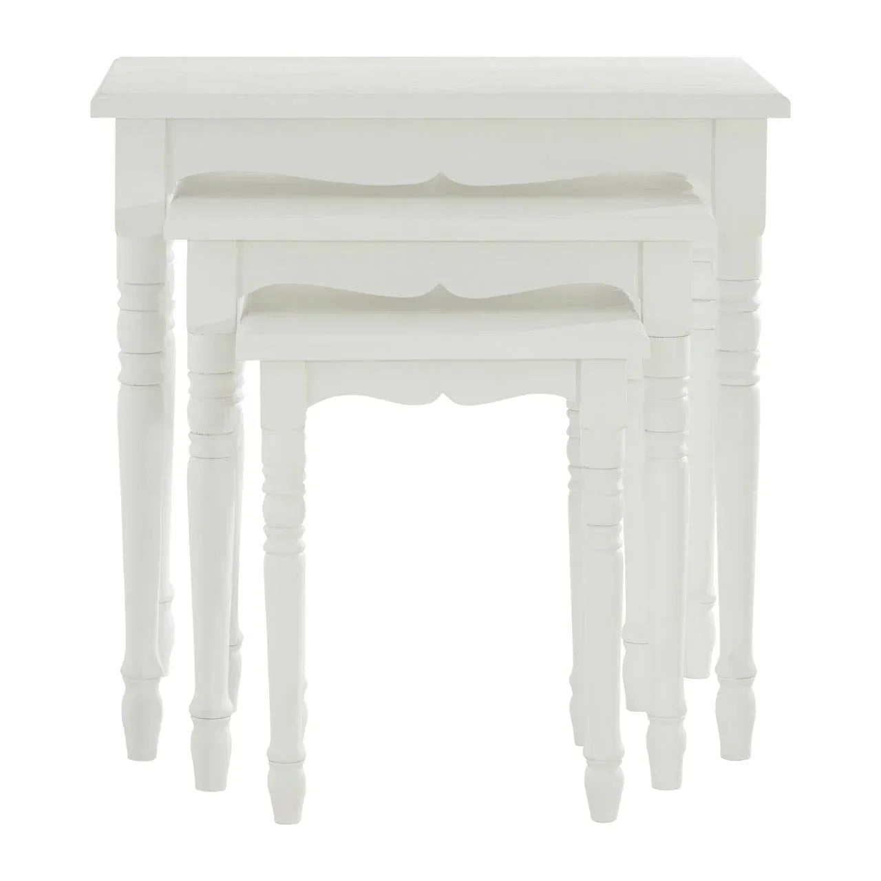 White wooden nest of tables with turned legs and scalloped apron, front view
