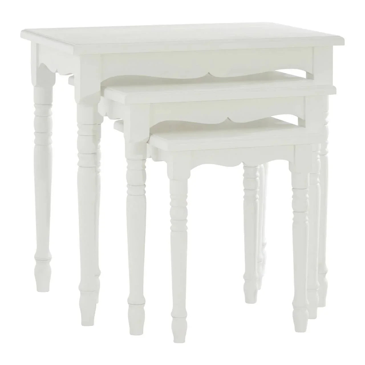 White wooden nest of tables with turned legs, shown stacked together