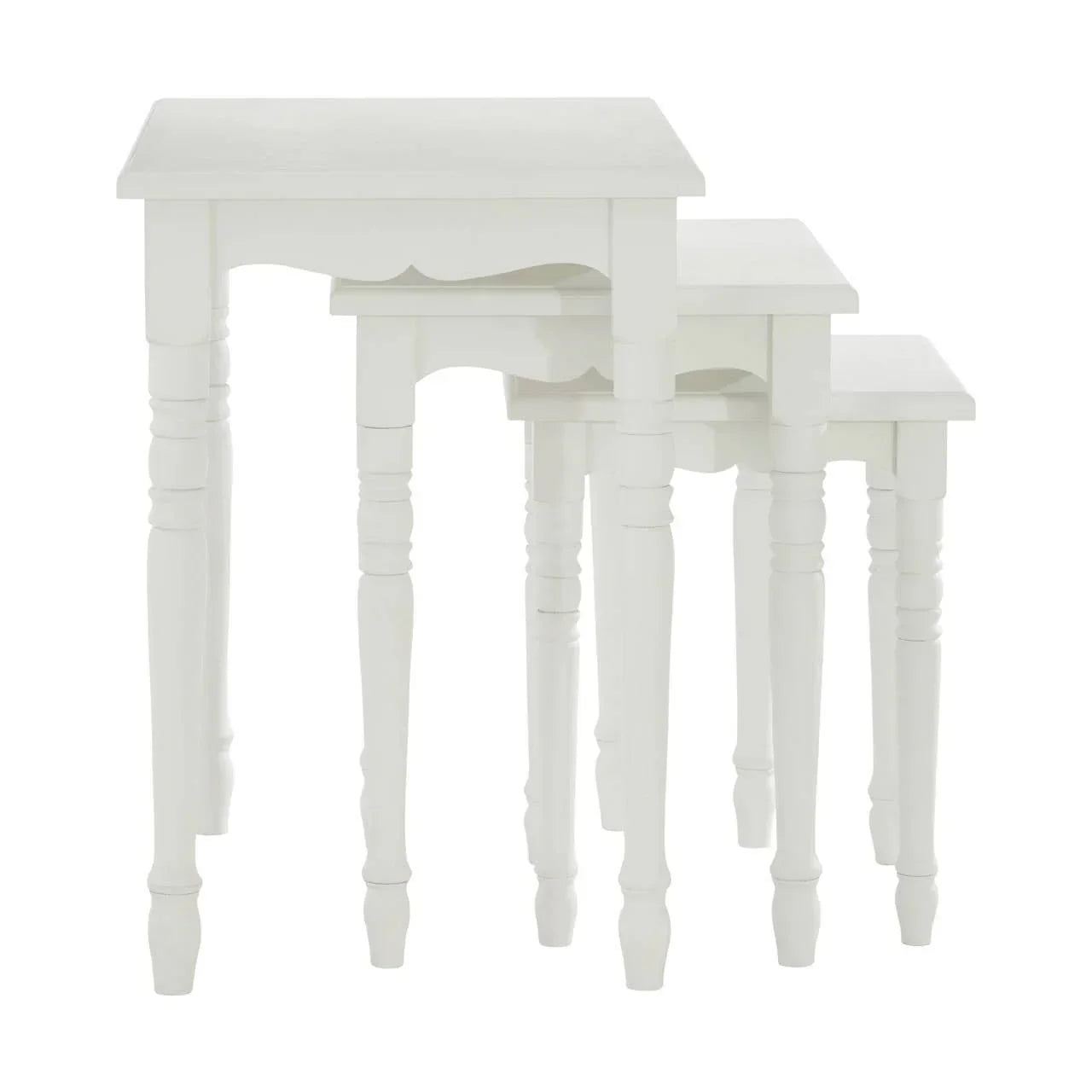 White wooden nesting tables set of three with turned legs and scalloped trim