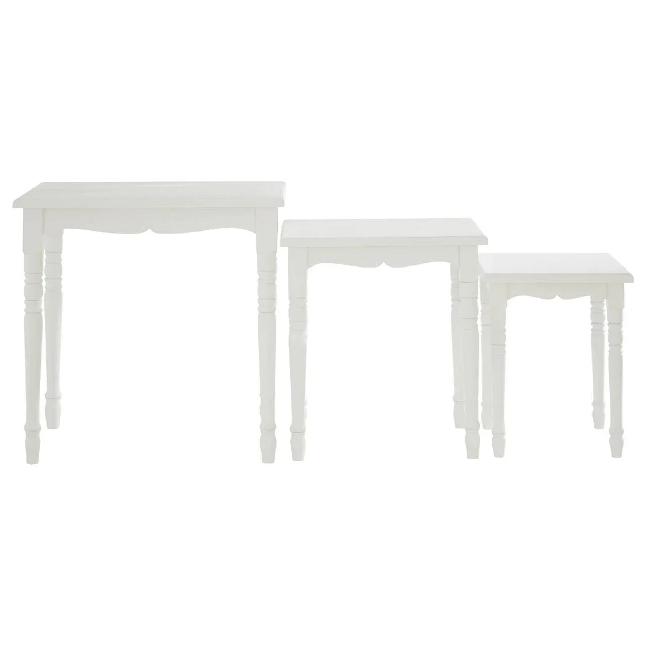 White wooden nest of three tables with carved legs, classic living room furniture