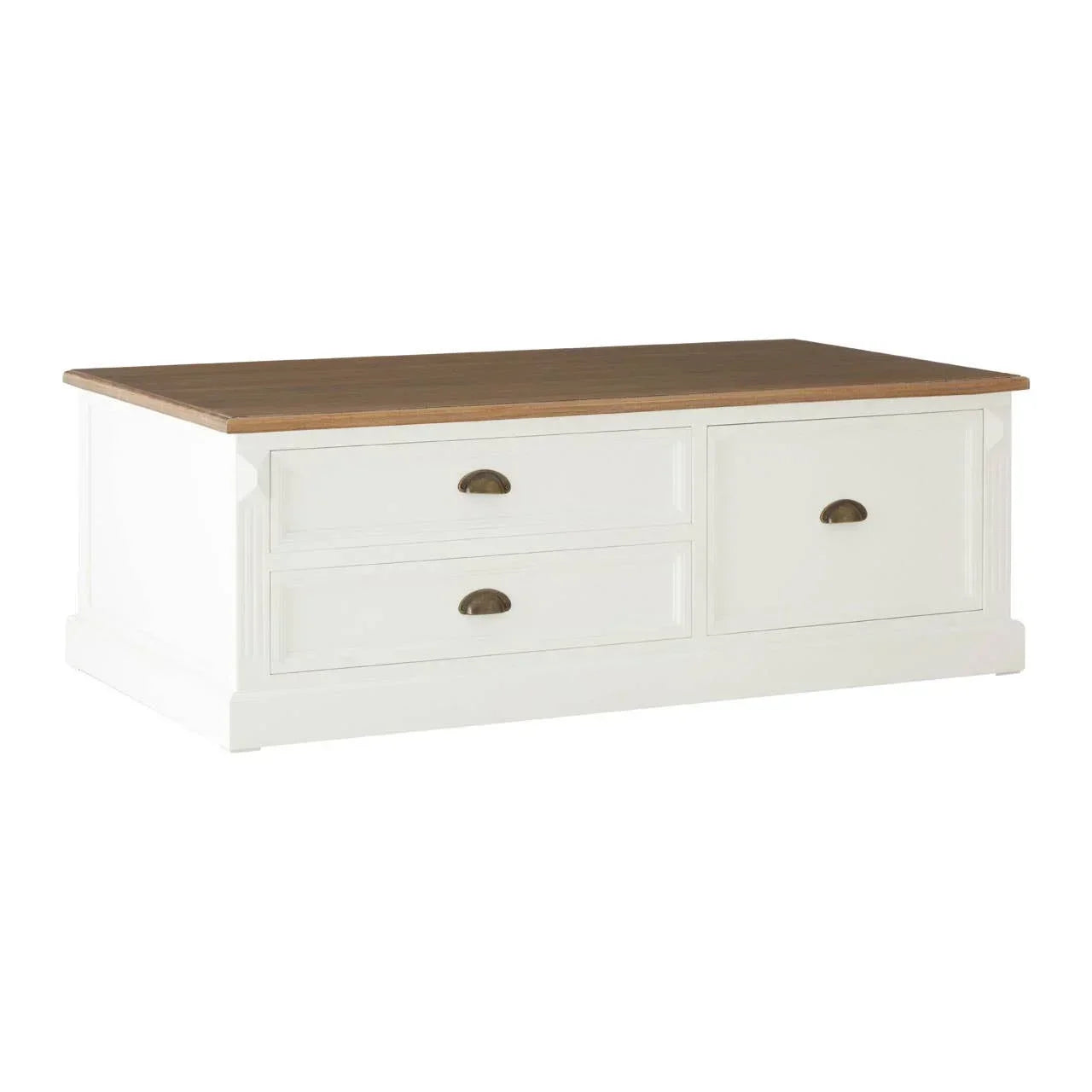 White wooden coffee table with oak top and three storage drawers, front angled view