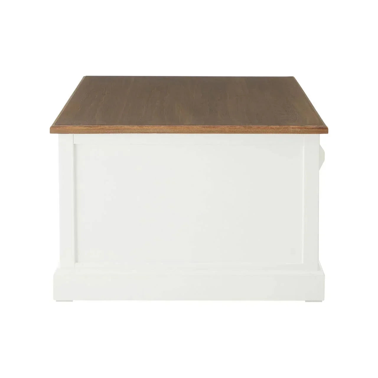 White wooden storage chest with brown lid, front view