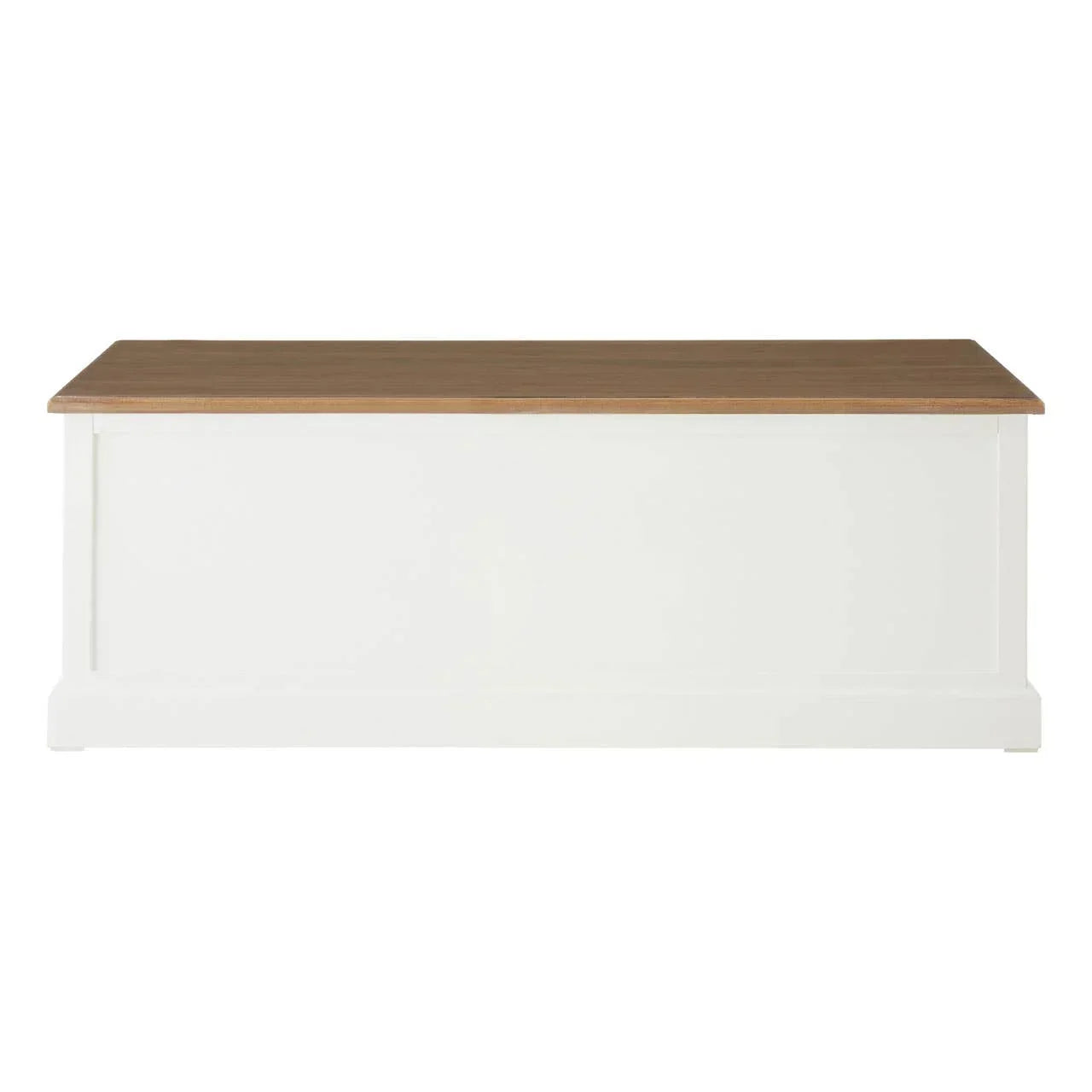 White wooden blanket box with oak effect lid, front view