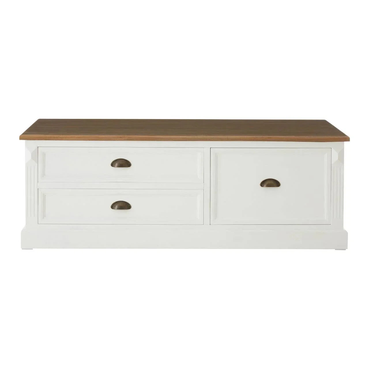 White wooden storage bench with two drawers and oak finish top, front view