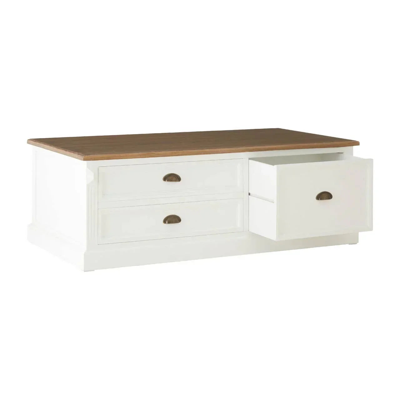 White wooden coffee table with three drawers and oak top, one drawer open
