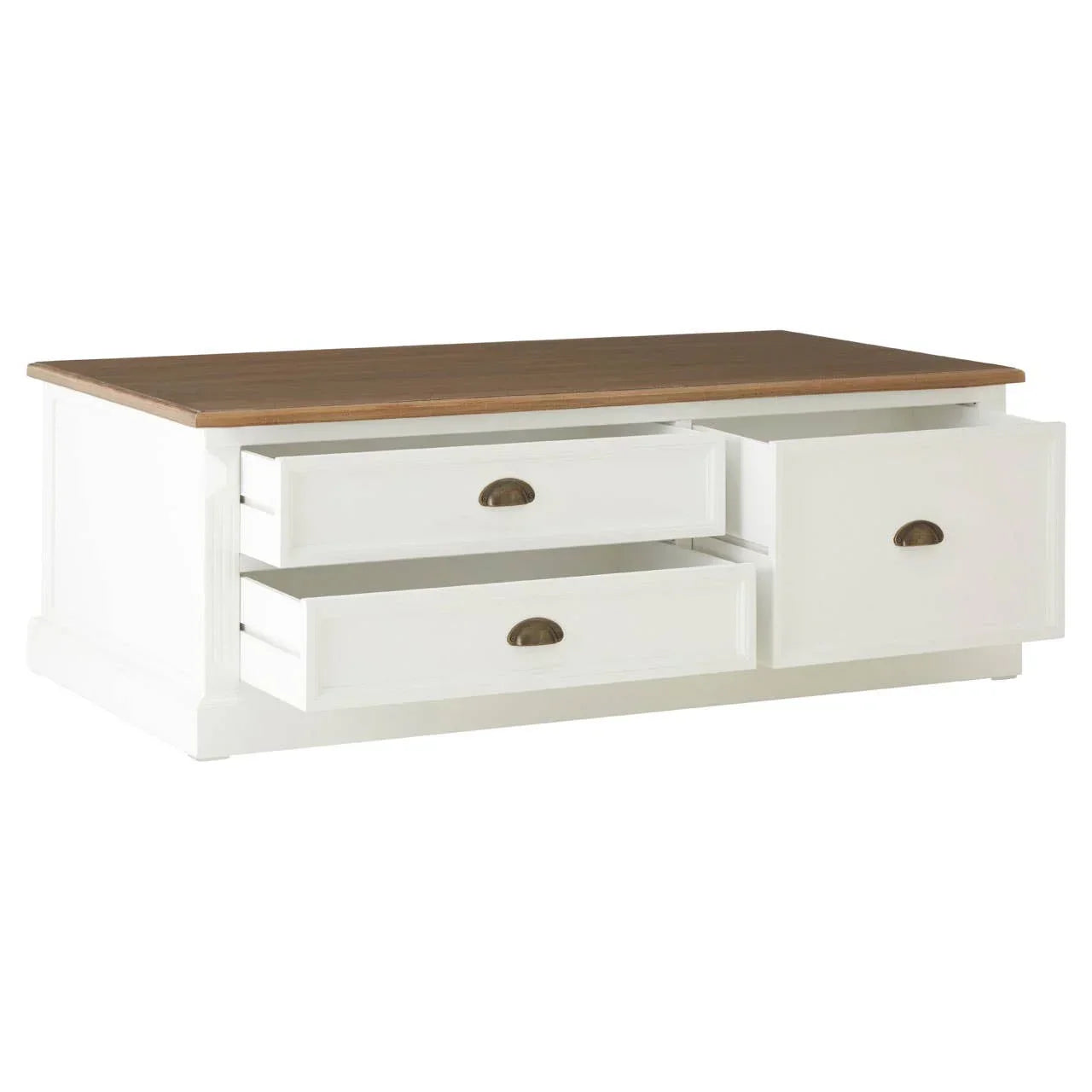 White wooden coffee table with oak top and three storage drawers, one drawer open