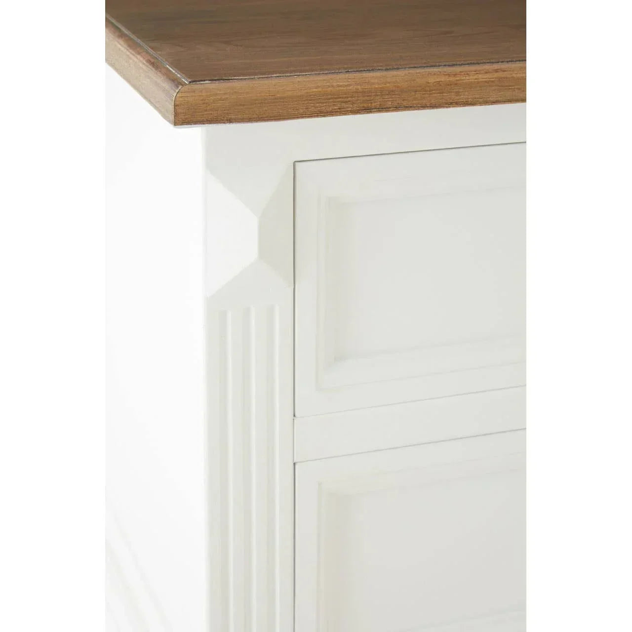 Close up of white wooden chest of drawers with oak top and panel detailing