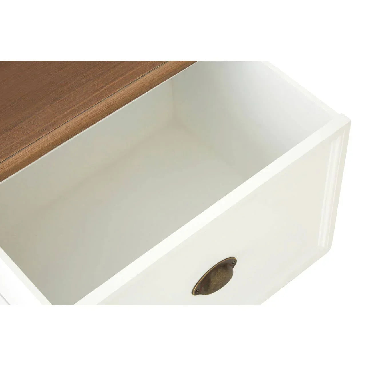 Open white wooden drawer with metal cup handle and wood top, showing storage space