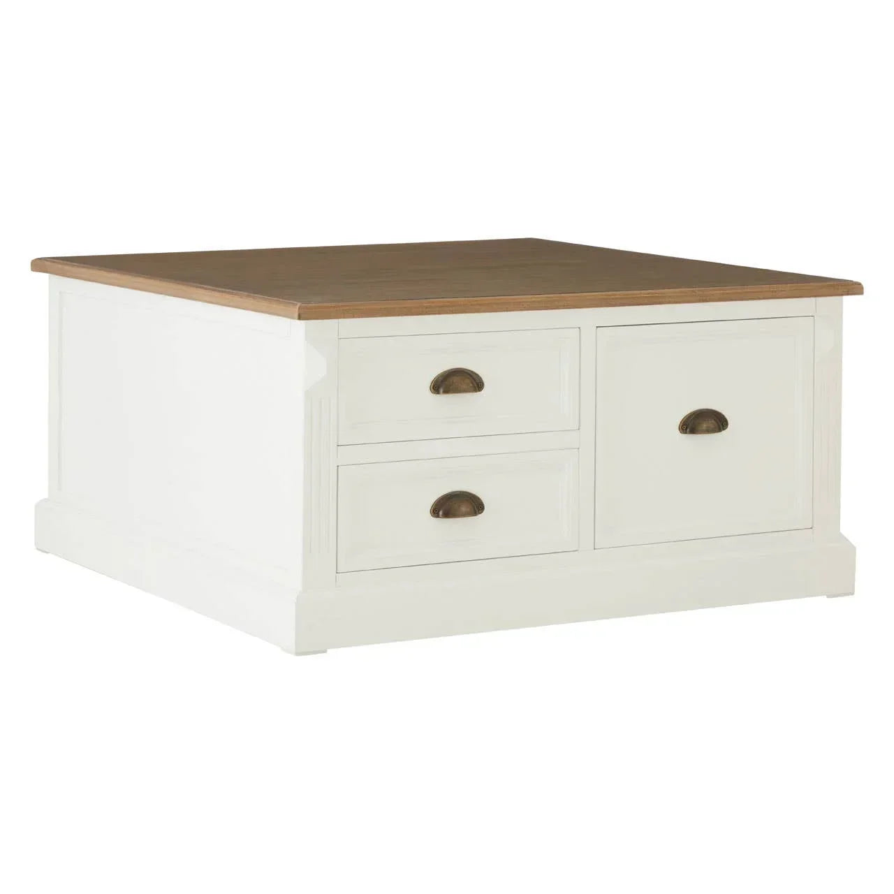 White wooden coffee table with oak top and three front drawers, angled view