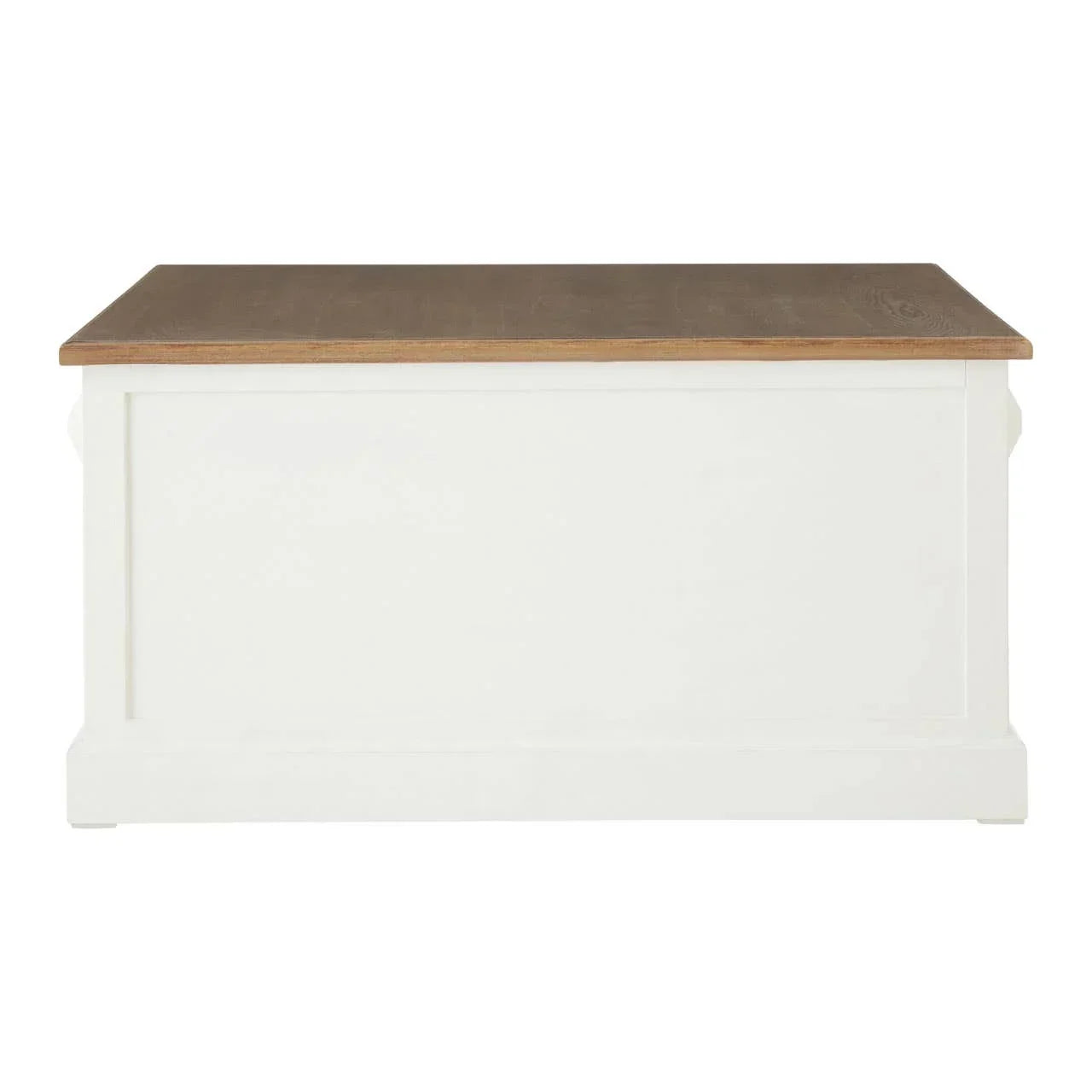 White wooden storage chest with light oak lid, shown from the front