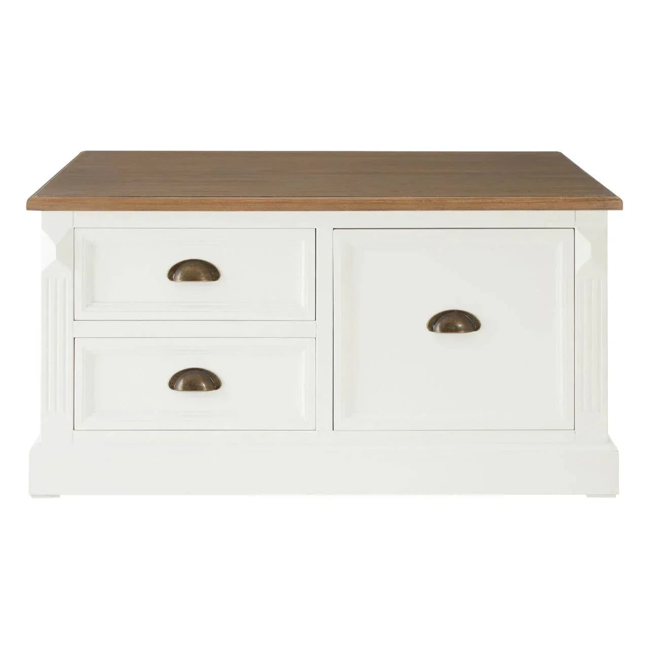 White wooden coffee table with two drawers, one cupboard, and oak top