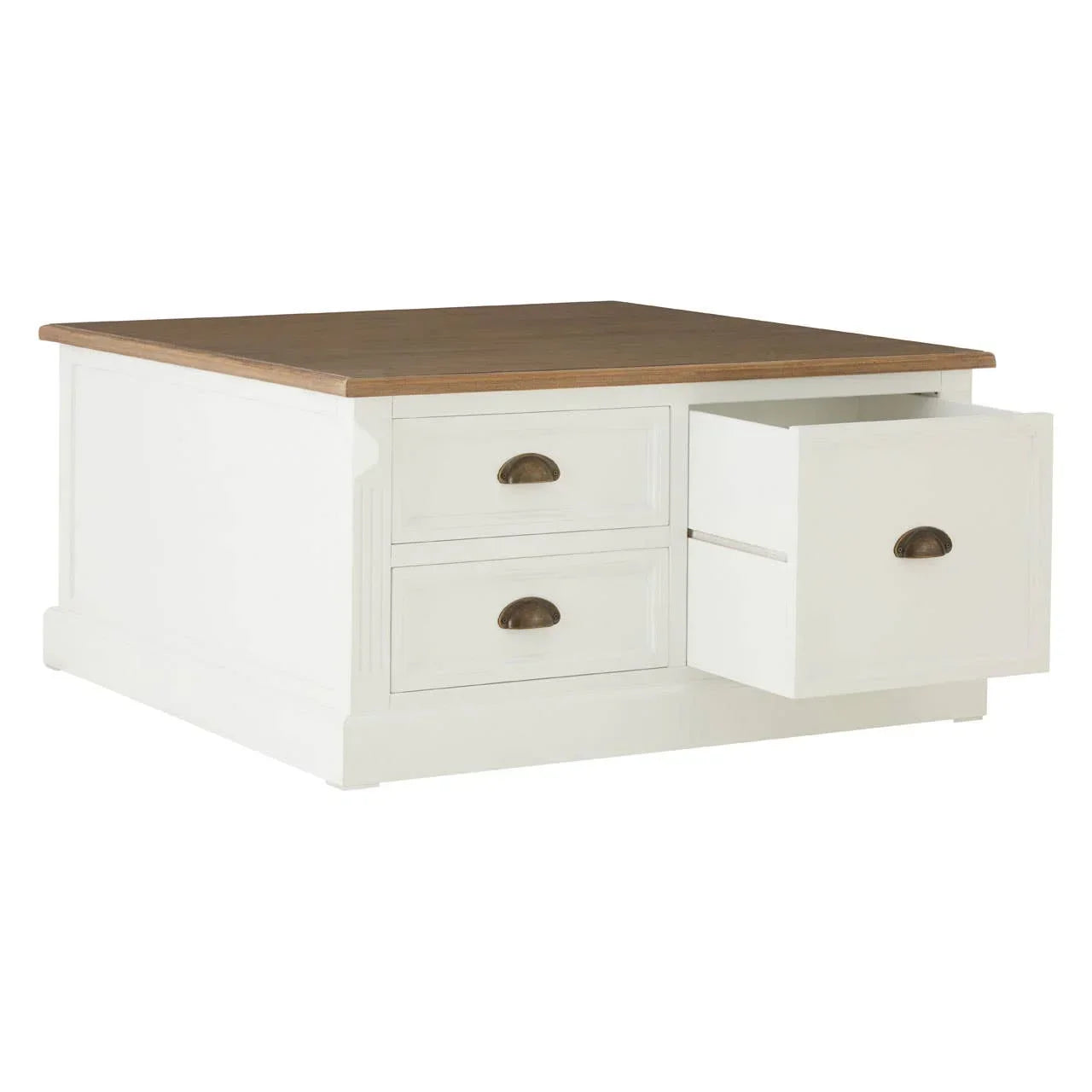 White wood coffee table with oak top and three drawers, one drawer open showing storage